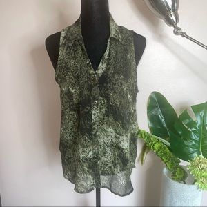 Women's Green Sheer Black Button Collared Sleeveless Printed Pocketed Blouse